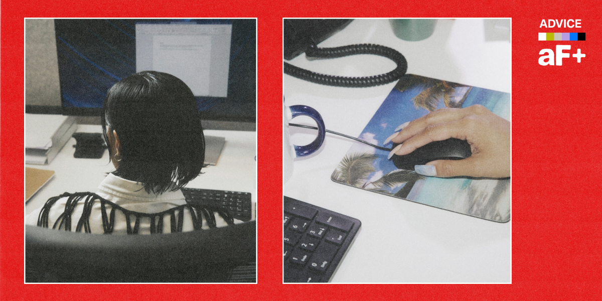 One image shows a person at work looking to the side, another shows a hand on a mouse