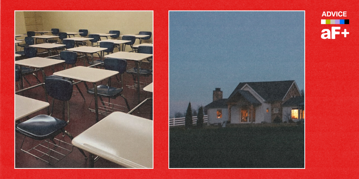 One image shows an empty classroom with desks, another shows a large home on a hillside at dusk.