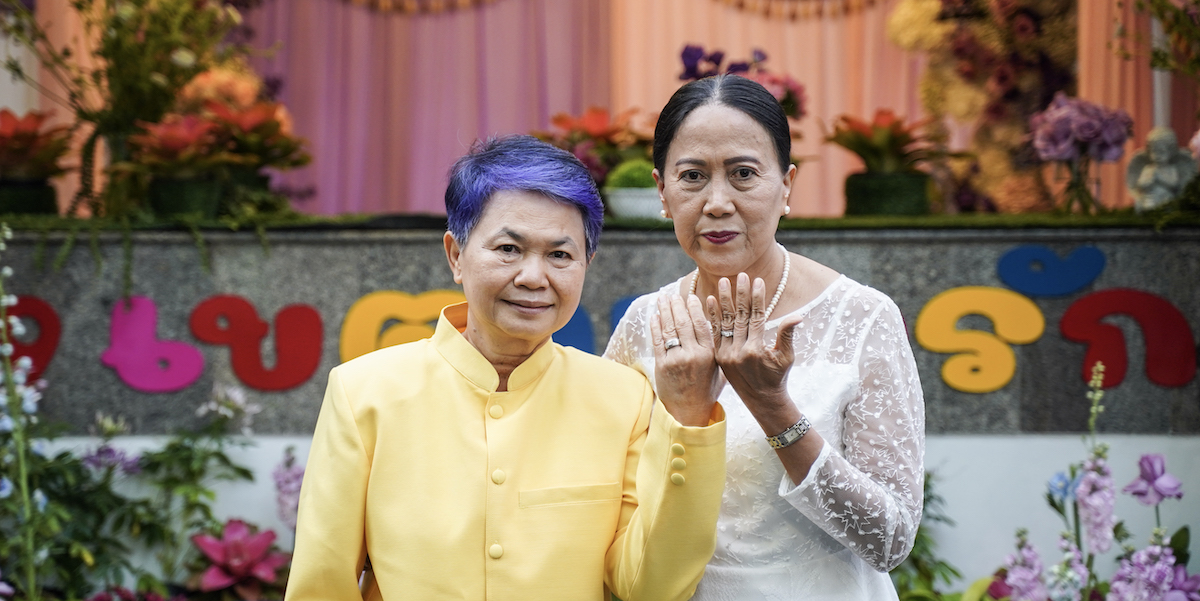 A couple shows off their rings following their marriage during an event to mark the country's same-sex marriage law coming into effect in Bangkok, Thailand, on January 23, 2025. (Photo by Anusak Laowilas/NurPhoto)