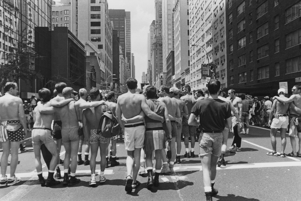 An 'Act Up' march on Fifth Avenue, on the 25th anniversary of the Stonewall Riots, New York City, USA, 26th June 1994. (Photo by Barbara Alper/Getty Images)