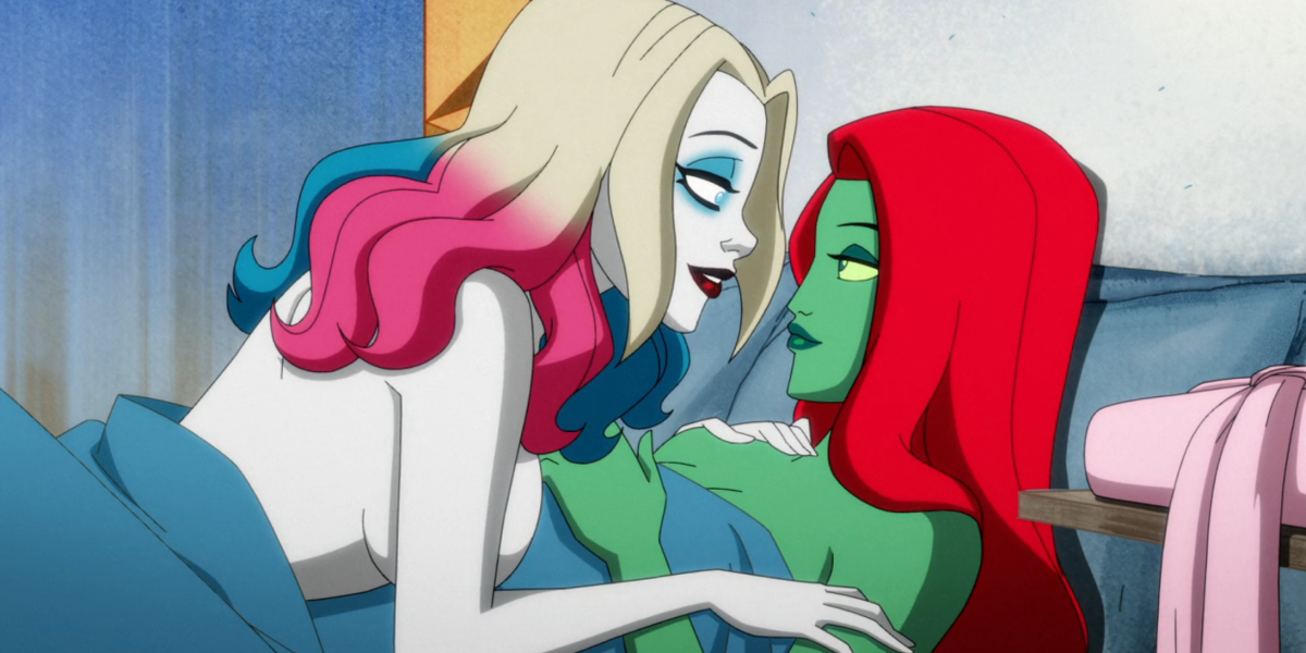 Harley Quinn season five: Harley lies on top of Ivy naked in bed