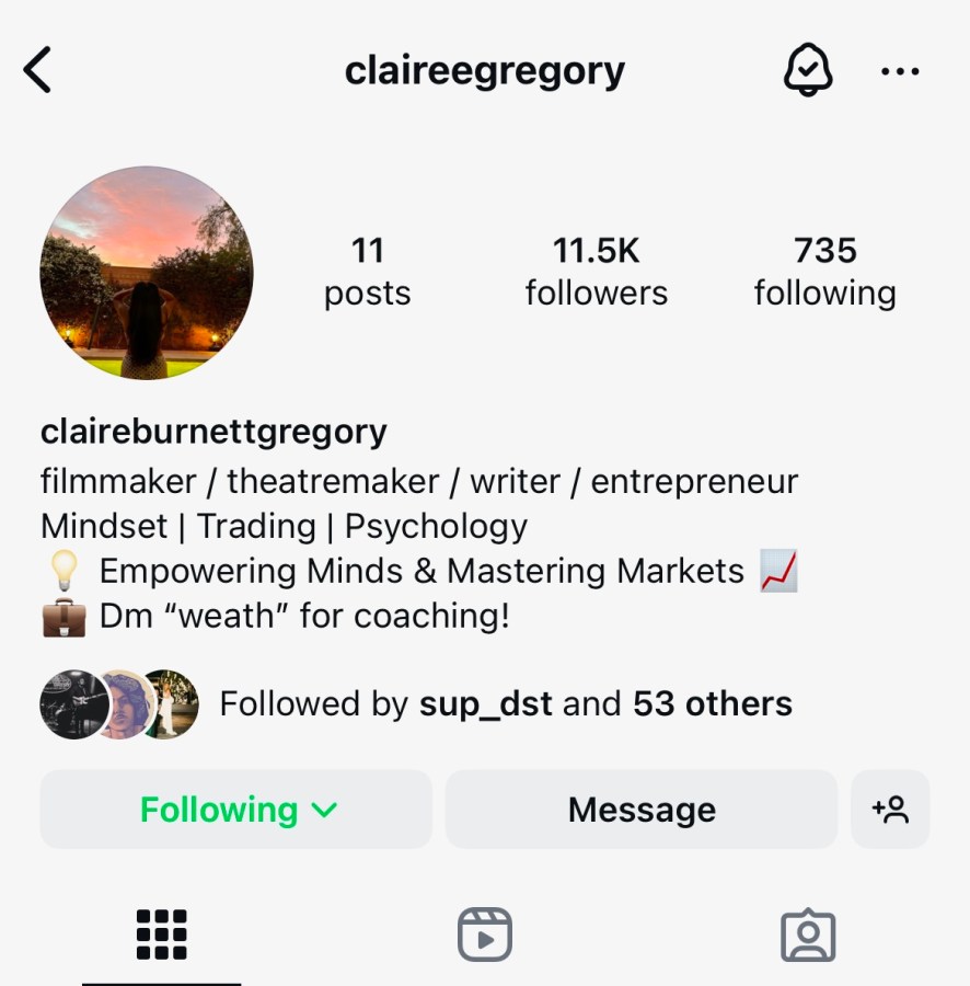 A screenshot of an Instagram bio for claireegregory that says entrepreneur. 