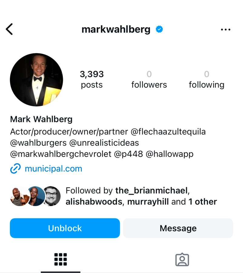 A screenshot of Mark Wahlberg's instagram account blocked.