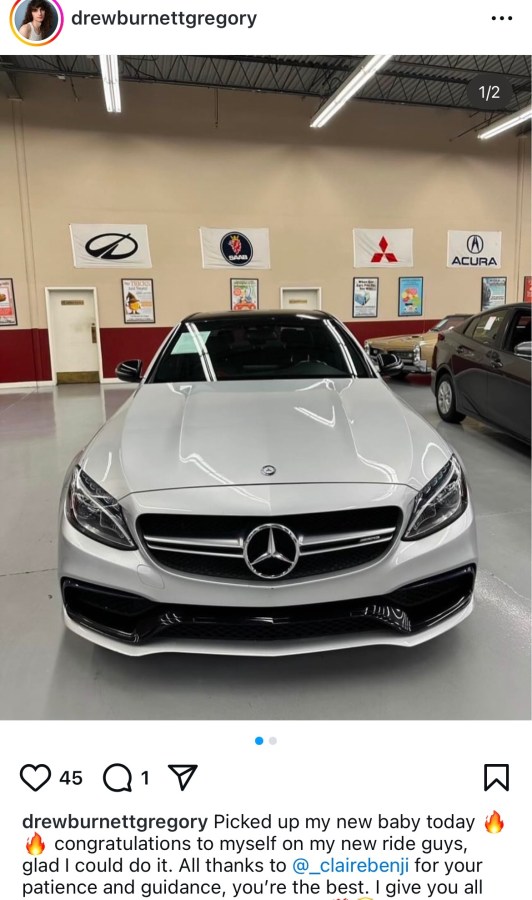 A screenshot of an Instgram post of a Mercedes with the text: Picked up my new baby today ( congratulations to myself on my new ride guys, glad I could do it. All thanks to @_clairebenji for your patience and guidance, you're the best.