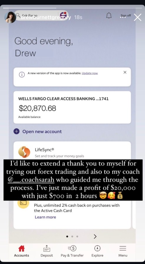 A screenshot of an Instagram story of a bank balance