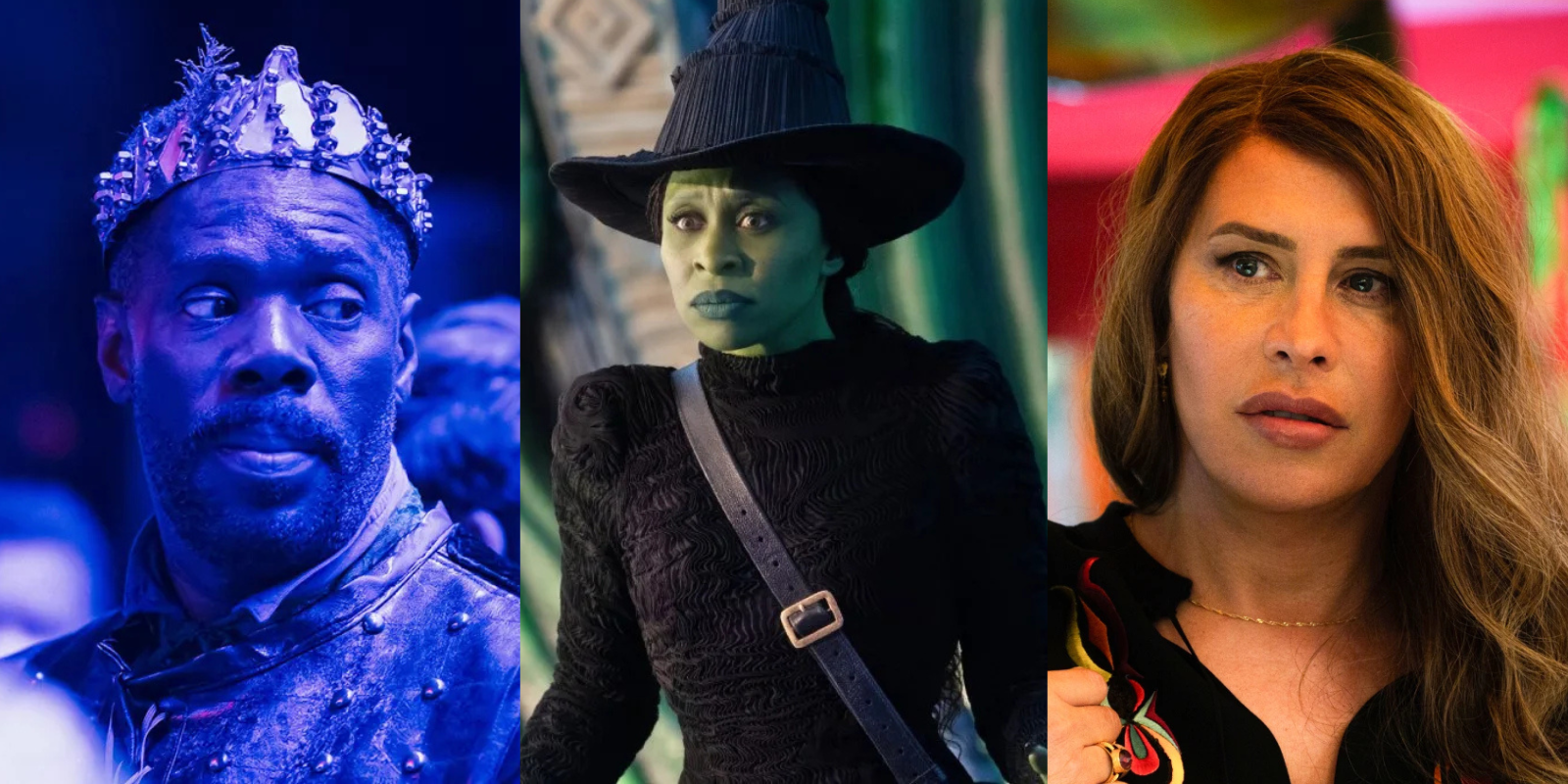 2025 Queer Oscar Noms: Side by side images of Colman Domingo in Sing Sing, Cynthia Erivo in Wicked, and Karla Sofía Gascón in Emilia Pérez.