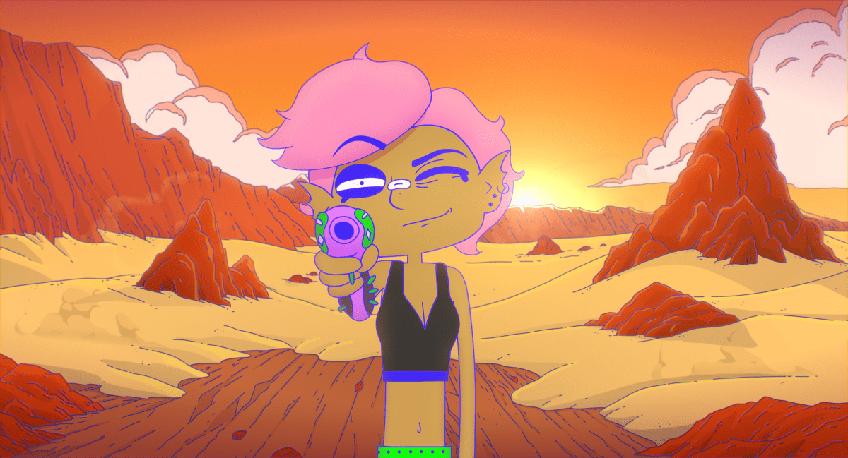 An animated girl with short pink hair wearing a crop top in a desert terrain points a sci fi gun at the screen.