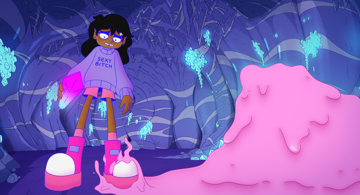 An animated girl looks concerned as pink goo covers her foot in Lesbian Space Princess