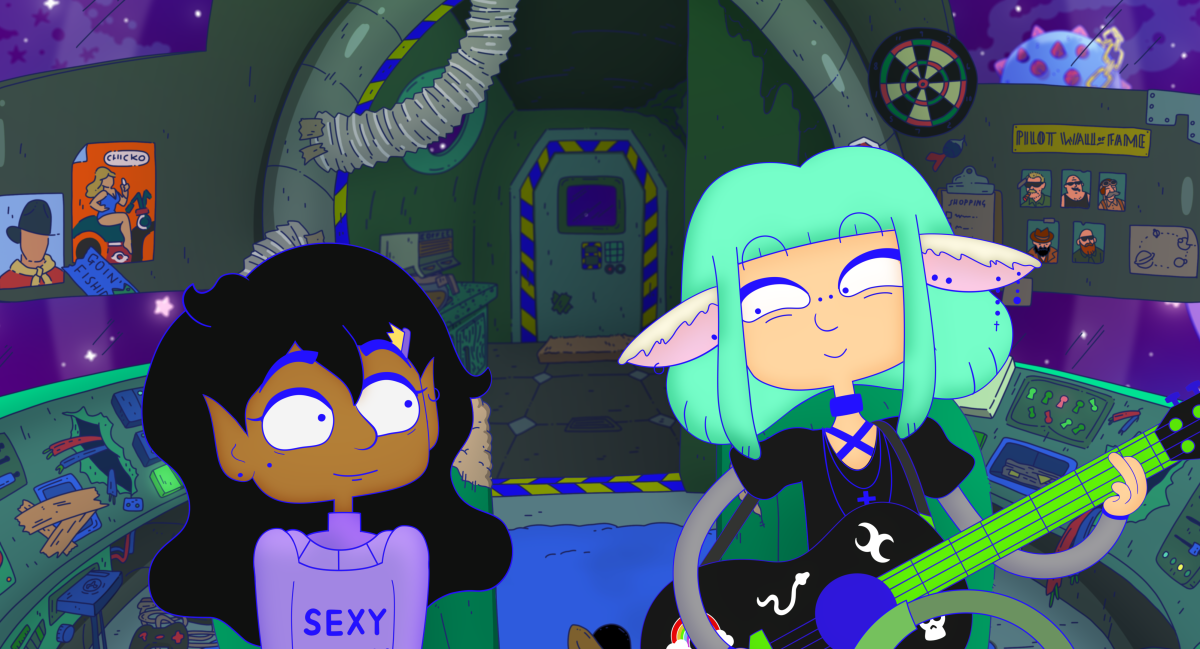 Two animated girls with pointy ears smile at each other on a space ship in Lesbian Space Princess