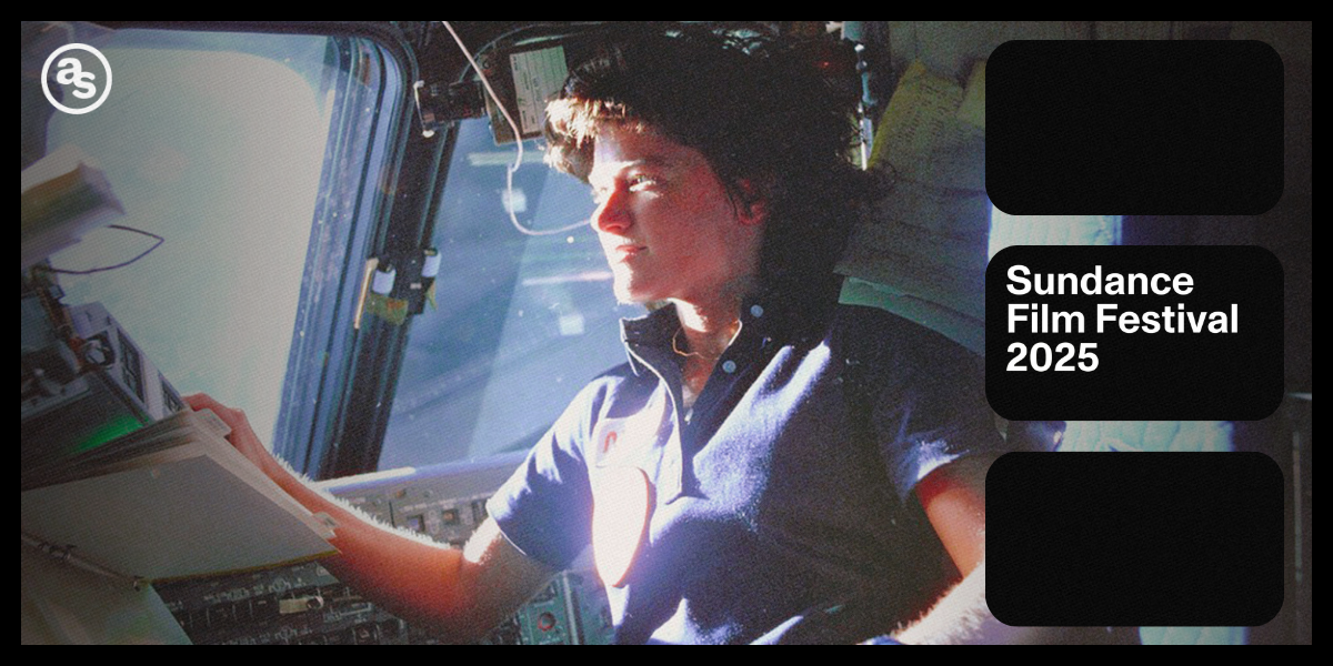 Sally documentary review: an image of Sally Ride in space with Sundance Film Festival 2025 on the side