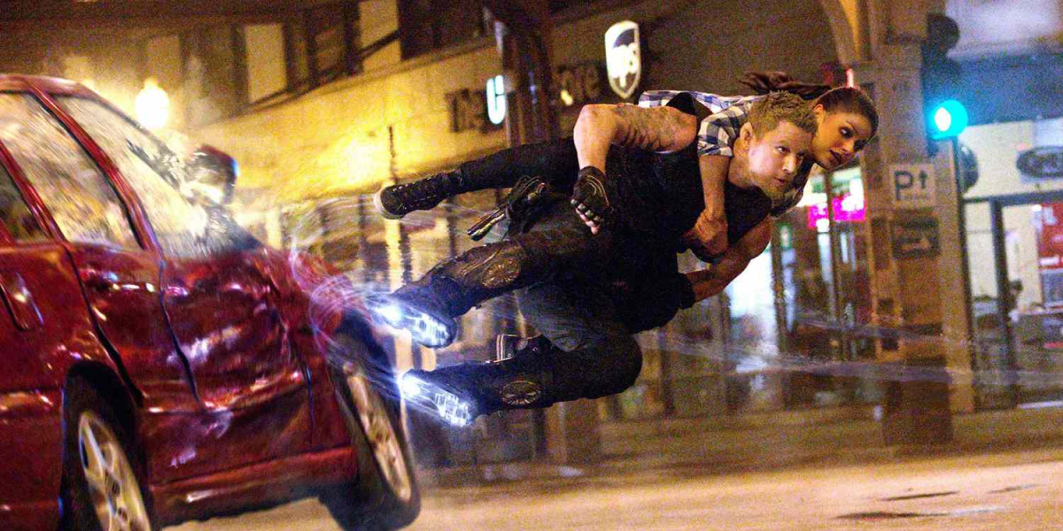 Channing Tatum flies off a car with Mila Kunis on his back in Jupiter Ascending celebrating its 10th anniversary