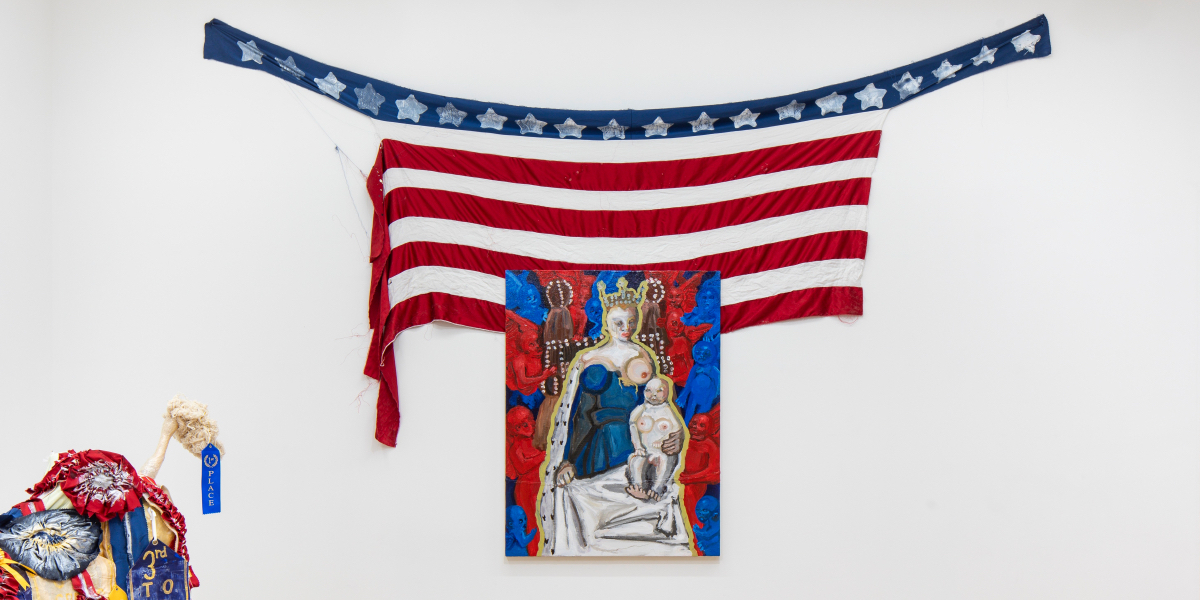 Gogo Graham: a painting of Madonna and child under four red stripes and a banner of blue and white stars.