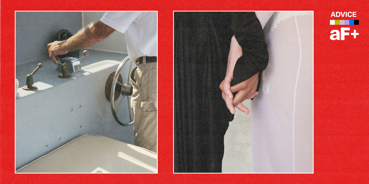 In one image, a white man is steering a yacht, in another image two people are holding hands in formal wear.